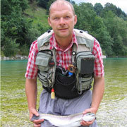 When I caught this wonderful rainbow trout I was all alone at the river Soca. Some hiking Slovenians kindly helped to take a picture if the fish. Thanks to my visiting card, the pictures of the proud fisherman arrived earlier at home than he himself.